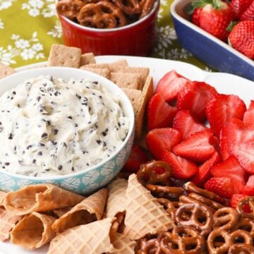 Chocolate Chips mixed with cream cheese, sugar and vanilla create a dip that tastes like a slice of bakery cheesecake! Serve with fresh fruit, pretzels, and cookies for a sweet treat everyone will love.