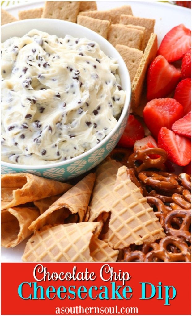 Chocolate Chips mixed with cream cheese, sugar and vanilla create a dip that tastes like a slice of bakery cheesecake! Serve with fresh fruit, pretzels, and cookies for a sweet treat everyone will love.