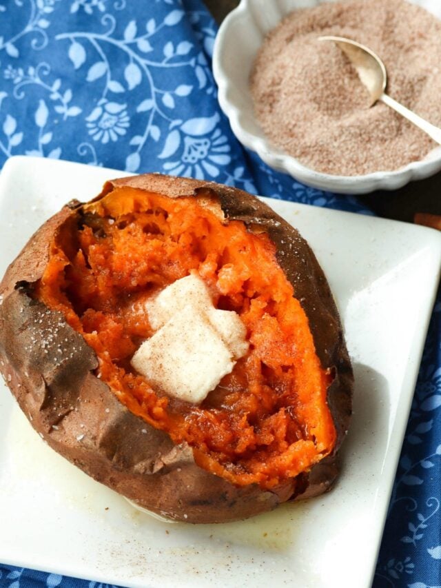 Sweet Potatoes cooked perfectly in the Air Fryer then seasoned with salt and cinnamon sugar along with butter is an amazing easy to make side dish.