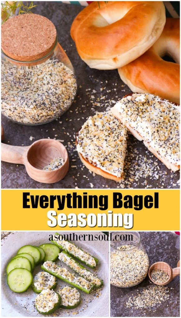 Everything bagel seasoning with garlic, onion, poppy and sesame seeds are combined to make a blend that's perfect to sprinkle on all your favorite foods!