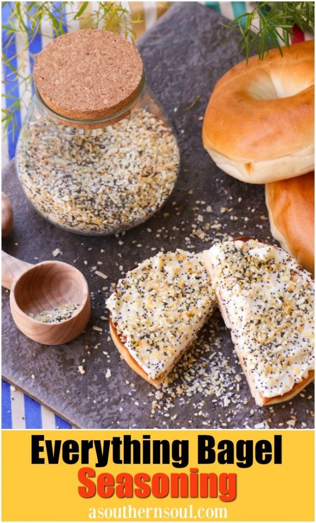 Everything bagel seasoning with garlic, onion, salt, poppy & sesame seeds is a savory blend perfect for sprinkling on all your favorite foods!