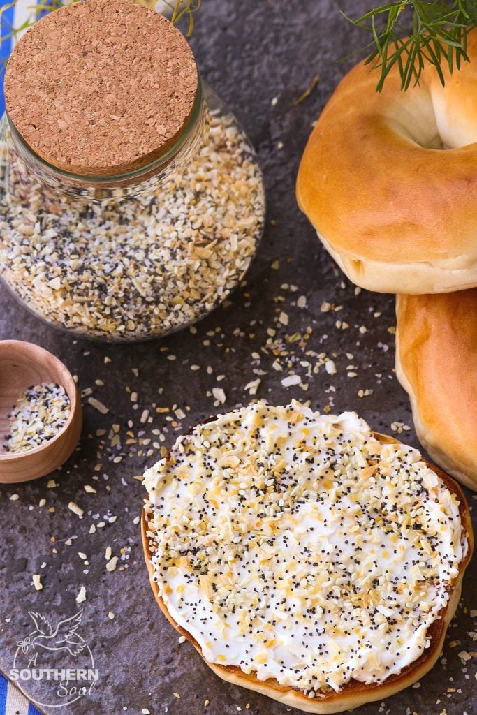 Everything bagel seasoning with garlic, onion, salt, poppy & sesame seeds is a savory blend perfect for sprinkling on all your favorite foods!