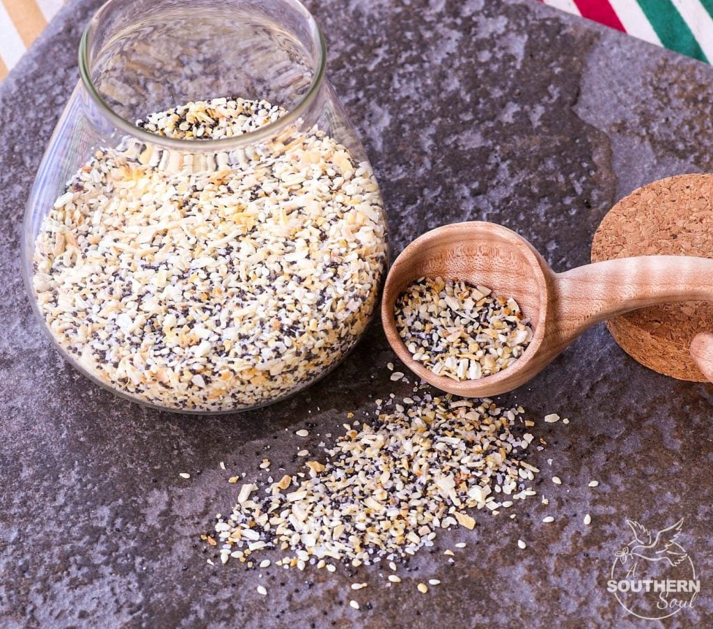 Everything bagel seasoning with garlic, onion, salt, poppy & sesame seeds is a savory blend perfect for sprinkling on all your favorite foods!