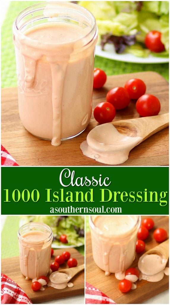 Classic 1000 Island Dressing made with mayonnaise, ketchup, relish and onion is a great topping for salads and is also a yummy dip!
