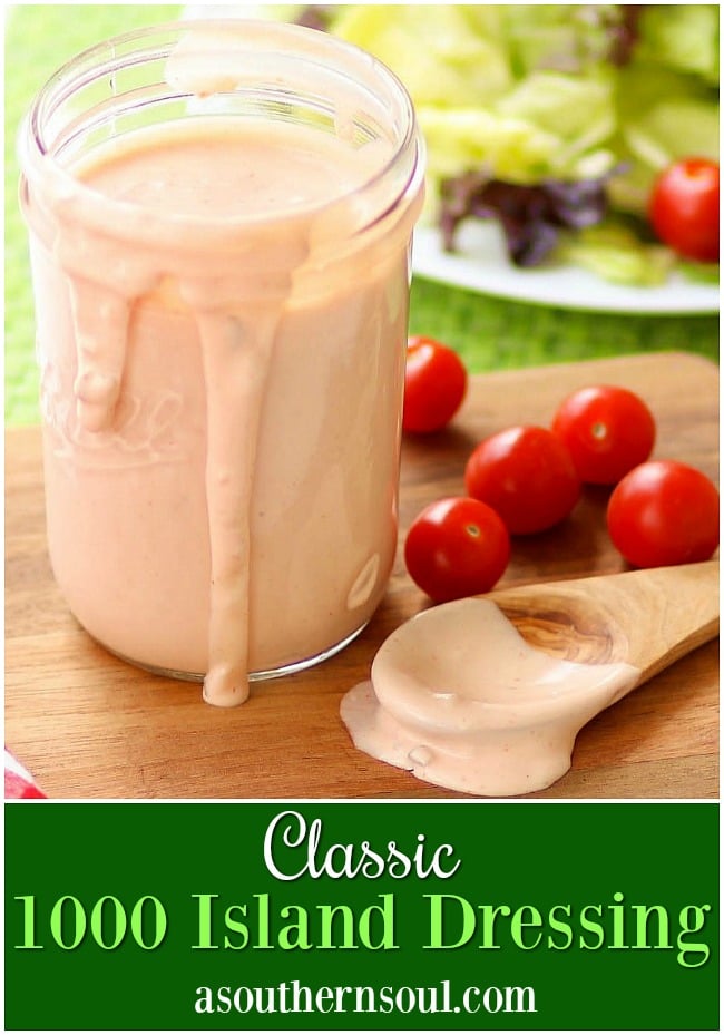 Classic 1000 Island Dressing made with mayonnaise, ketchup, relish and onion is a great topping for salads and is also a yummy dip!