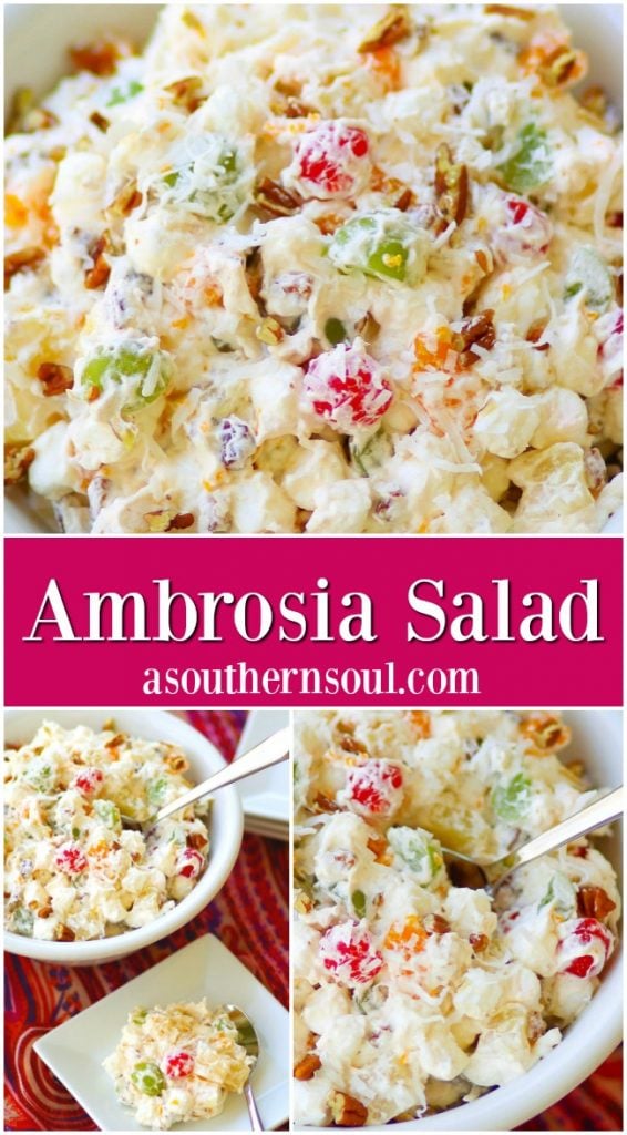 Ambrosia salad made with oranges, cherries, pineapple and marshmallows is tossed in a light fluffy mixture of fresh whipped cream with a touch of sour cream for extra flavor.