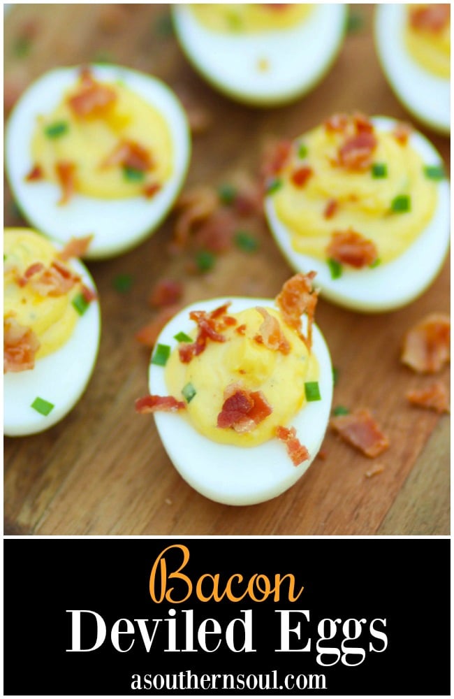 Bacon Deviled Eggs are creamy with just the right amount of mayonnaise plus an added tang of horseradish. Perfect for brunch, Easter, this holidays, baby and wedding showers.