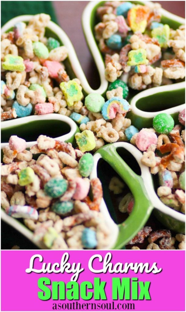 Lucky Charms Snack Mix made with cereal, pretzels, nuts and M&Ms for a sweet and salty treat that irresistible!