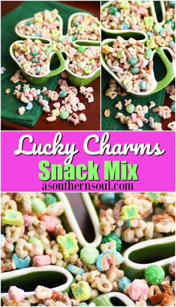 Lucky Charms Snack Mix made with cereal, pretzels, nuts and M&Ms for a sweet and salty treat that irresistible!