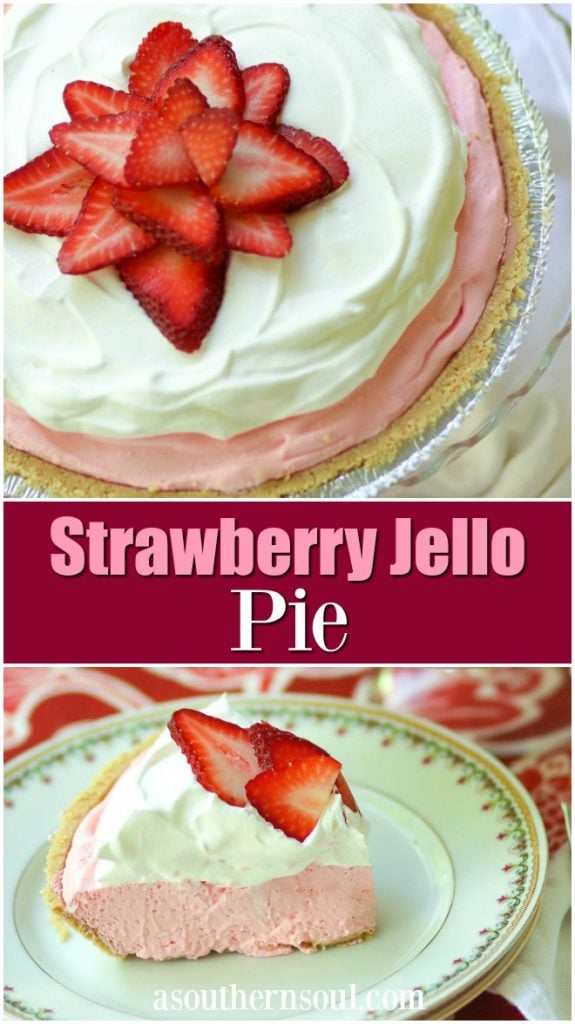 Strawberry Jello Pie made with fresh whipped cream and strawberry jello is an easy to make dessert that is cool and delicious. It's perfect for the holidays, potluck or covered dish suppers or a weeknight meal.
