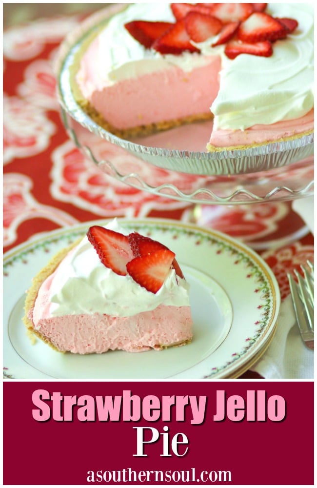 Strawberry Jello Pie made with fresh whipped cream and strawberry jello is an easy to make dessert that is cool and delicious. It's perfect for the holidays, potluck or covered dish suppers or a weeknight meal.