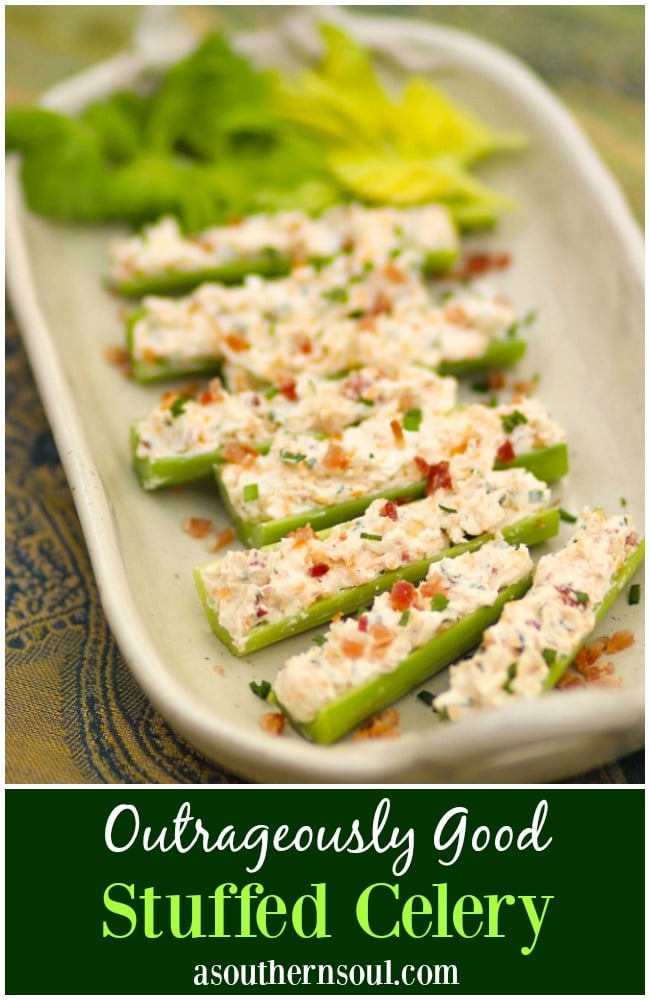 Celery stuffed with cream cheese, bacon, herbs and cheddar cheese are outrageously good! Served as an appetizer or snack, this is a recipe that's sure to become a favorite at parties, BBQs and family gatherings.