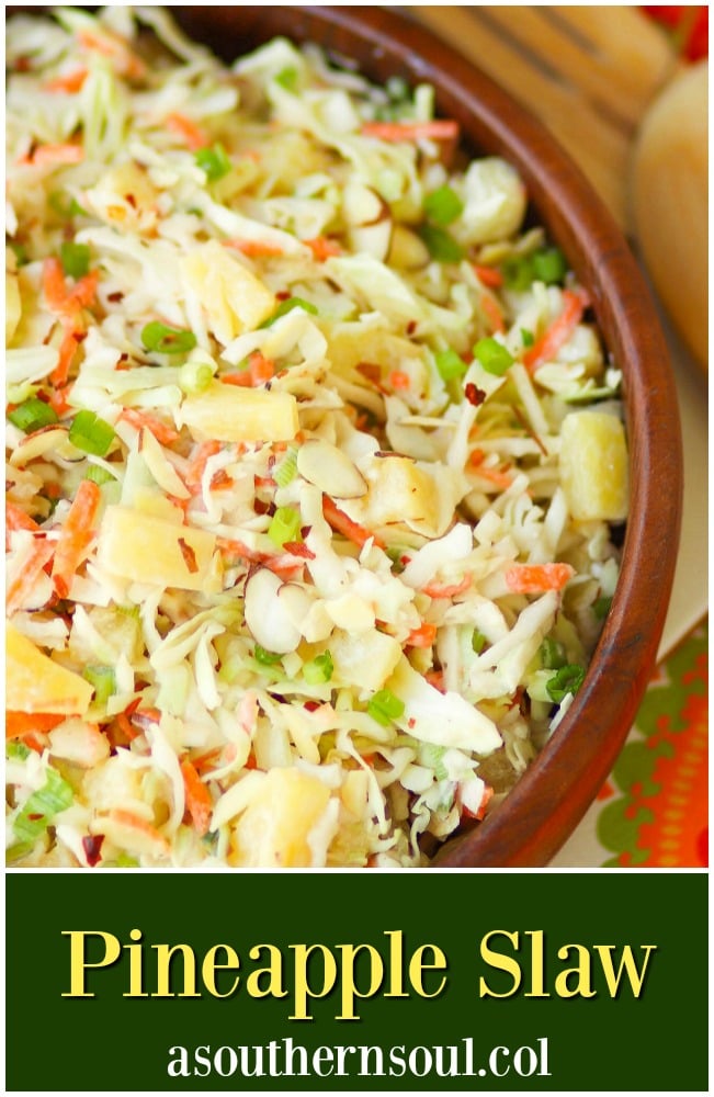 Pineapple Slaw is made with pineapple chunks, bagged cabbage, sliced almonds and green onions with a light, sweet dressing is a side dish that is great for any occasion!