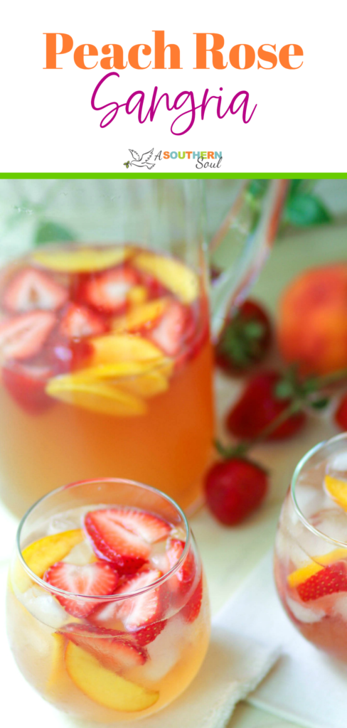 Peach Sangria made with rose wine, schnapps, peaches and strawberries. It's light and refreshing.