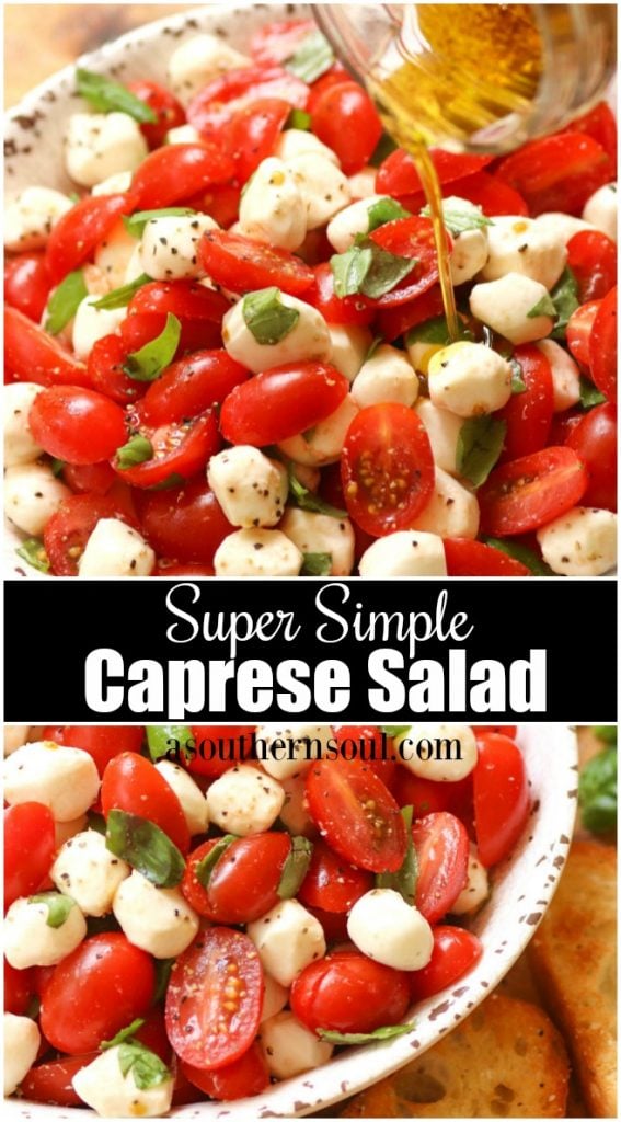Garden fresh tomatoes and herbs tossed with mozzarella, along with basil in a two ingredient dressing of olive oil and balsamic vinegar might just be the most simple, most delicious salad ever!