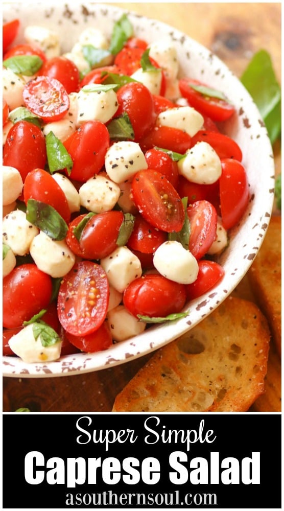 Garden fresh tomatoes and herbs tossed with mozzarella, along with basil in a two ingredient dressing of olive oil and balsamic vinegar might just be the most simple, most delicious salad ever!