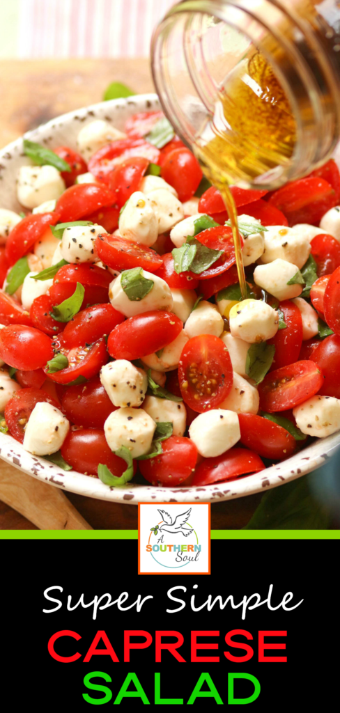 Grape tomatoes, mozzarella balls fresh basil tossed on a light oil and vinegar dressing for a simple that's perfect for any meal.