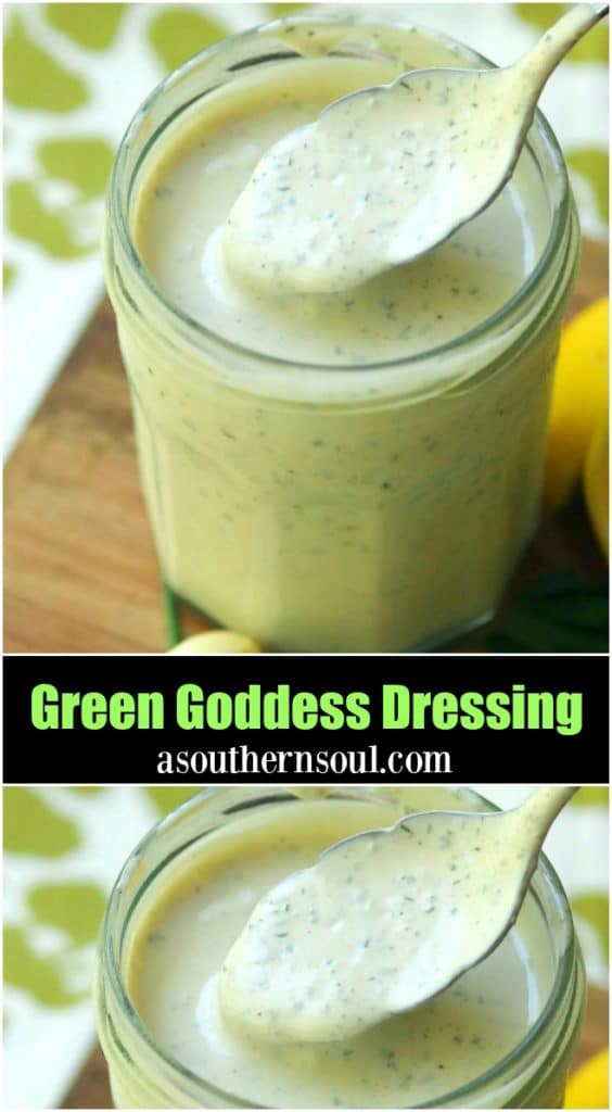 Green Goddess Dressing made with chives, parsley, garlic mayonnaise, sour cream and a few other ingredients is a classic recipe for salads, fish and pasta.
