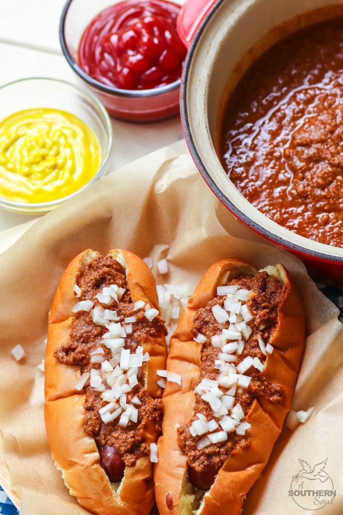 Home Run Hot Dog Chili is the best topping for your grilled dogs. Made with ground beef, herbs and spices for a savory recipe that's easy to make.
