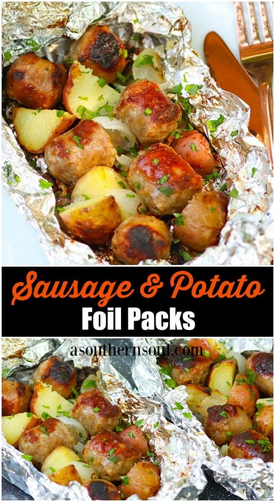 Sausage, potatoes and onions cooked in foil packs on the grill or in the oven are a short cut dinner that can't be beat!