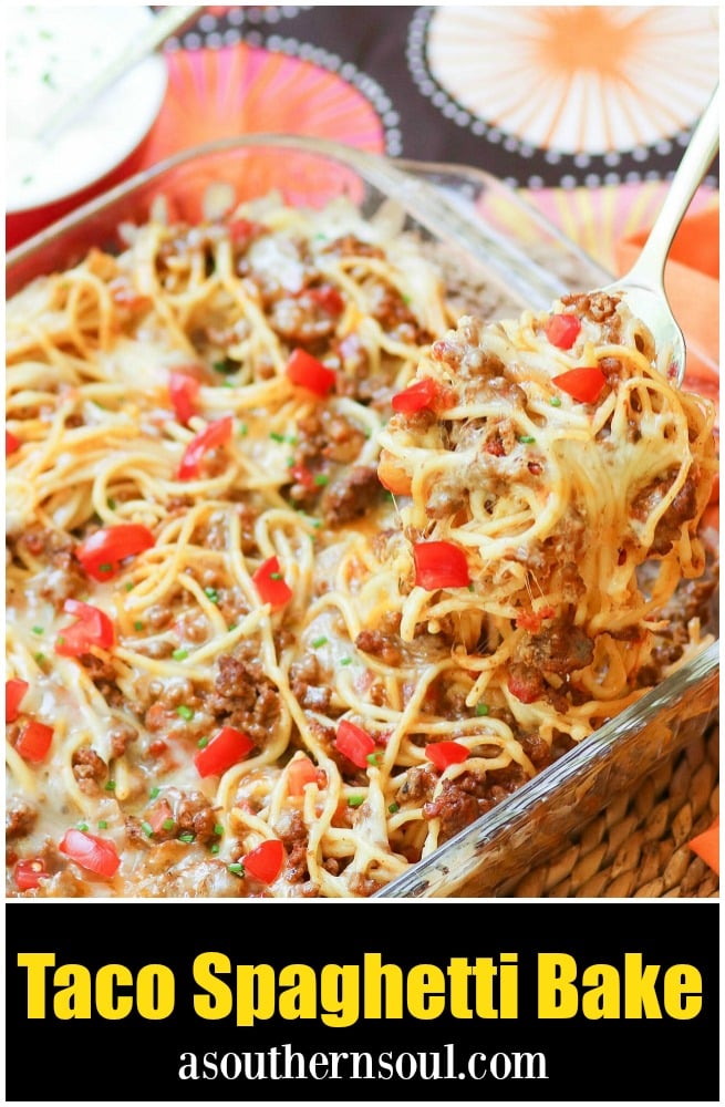 Taco Spaghetti Bake is an easy to make casserole made with ground beef, taco seasoning, pasta and cheese that's a family favorite dish!