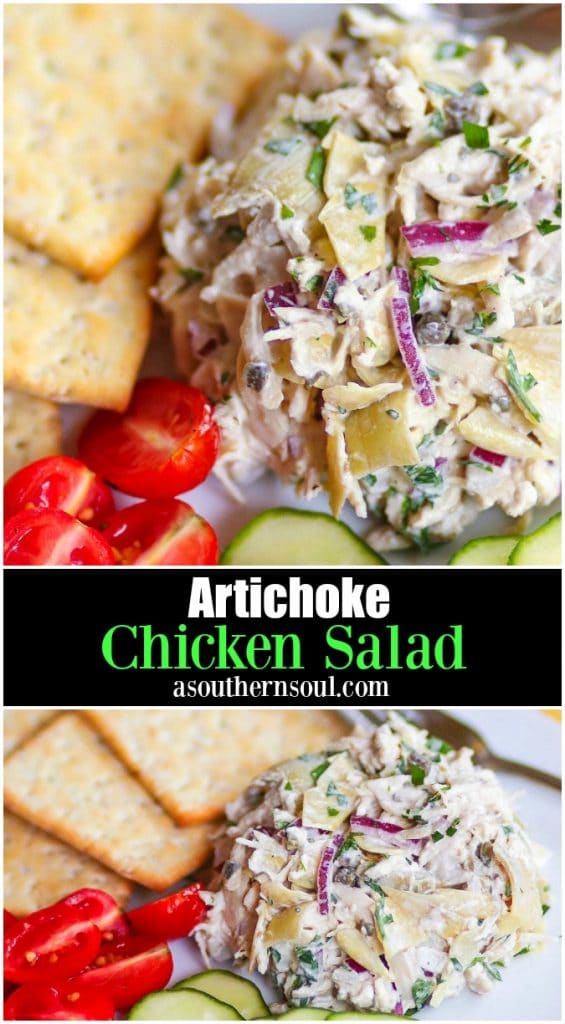 Artichoke Chicken Salad made with shredded white meat chicken, artichokes, capers and red onion tossed in a creamy, light, fresh dressing is a great new twist on a classic recipe!