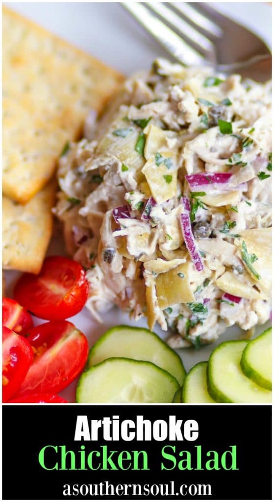 Artichoke Chicken Salad made with shredded white meat chicken, artichokes, capers and red onion tossed in a creamy, light, fresh dressing is a great new twist on a classic recipe!