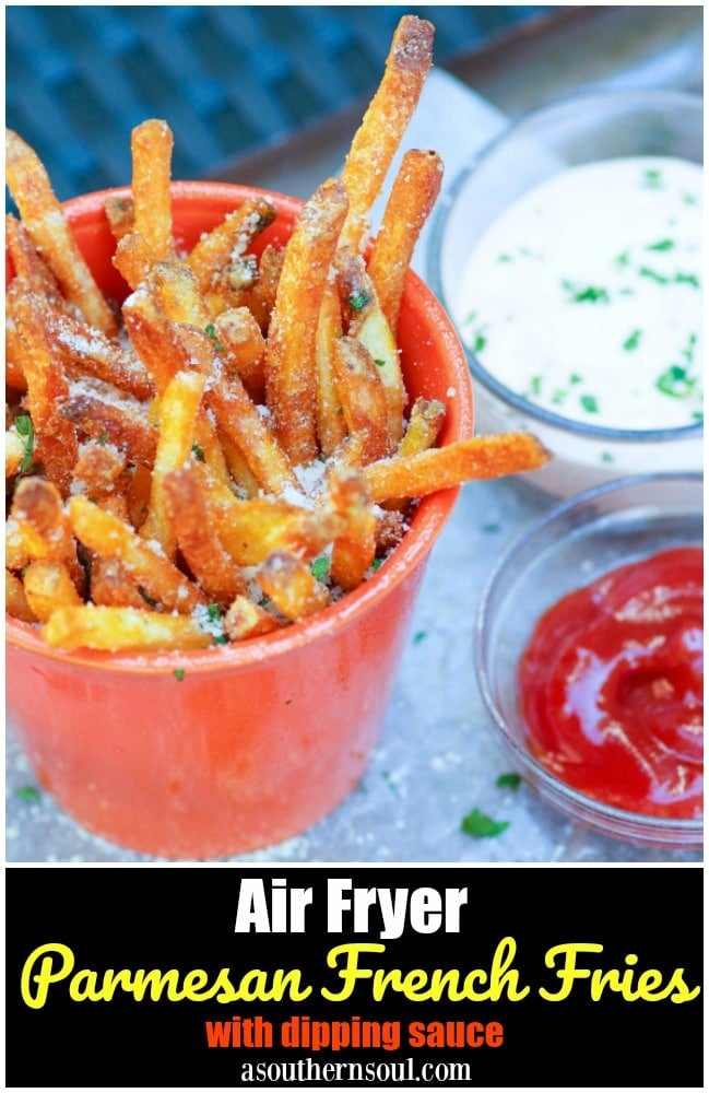 Store bought shoe string potatoes are fried to perfection with very little oil in the air fryer. They are tossed in garlic butter then sprinkled with salt, Parmesan cheese and parsley for a treat that is crazy good!