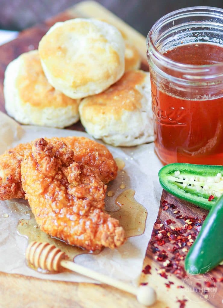 Fresh jalapenos and red pepper flakes create a mouthwatering, sweet and spicy flavor profile for Hot Honey. Drizzled over fried chicken or biscuits, it's delicious!