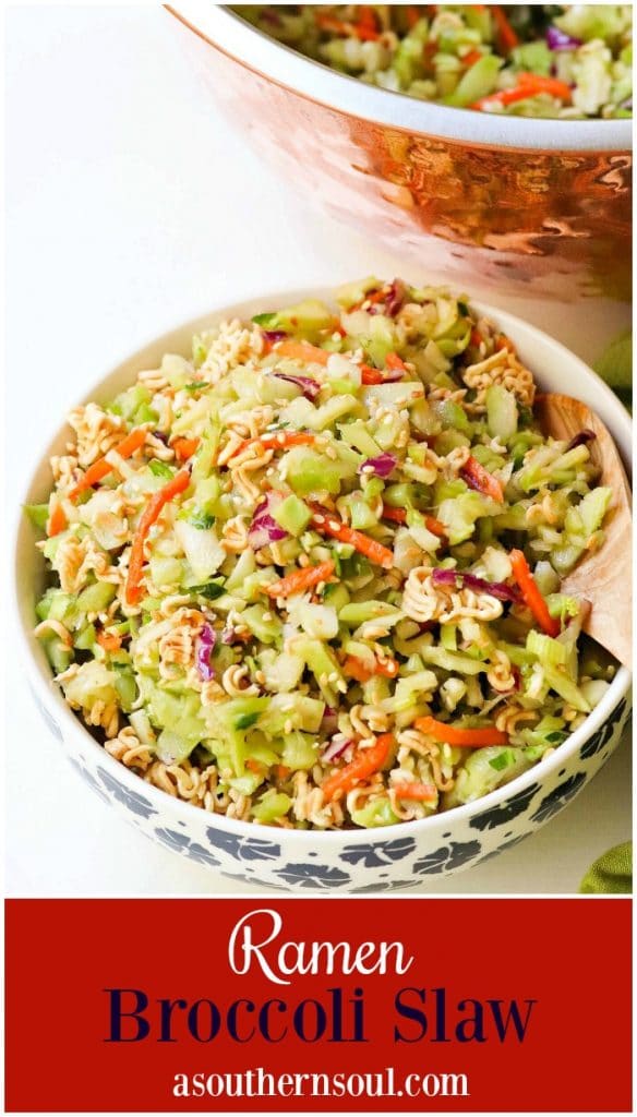 Ramen Broccoli Slaw made with toasted, packaged noodles, broccoli, carrots, green onion and a savory sweet dressing is a delicious side dish. Perfect for a weeknight meal, cookout, pot luck or covered dish supper.