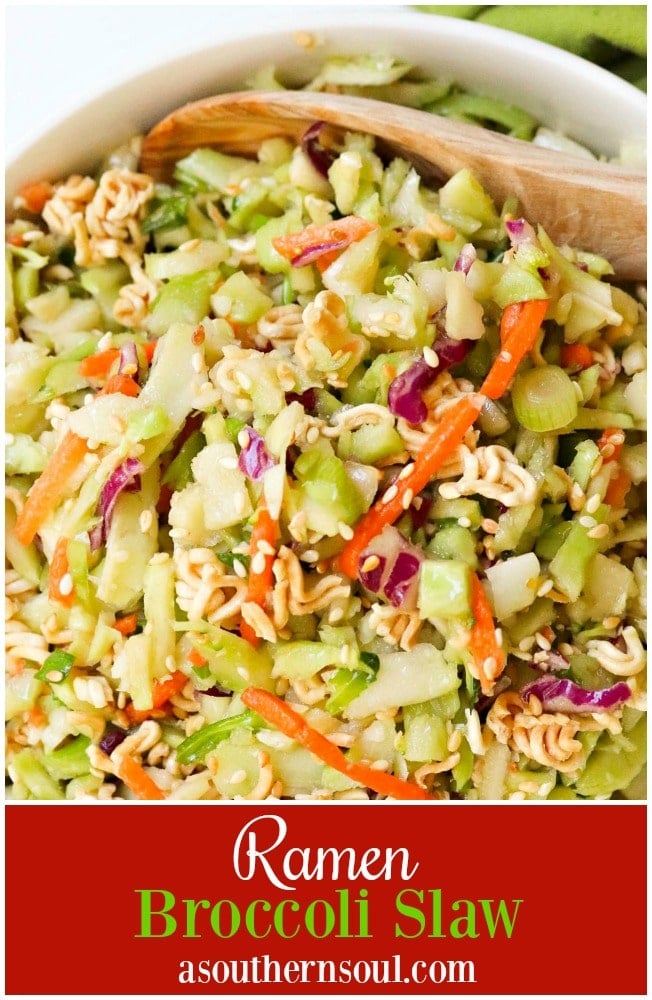 Ramen Broccoli Slaw made with toasted, packaged noodles, broccoli, carrots, green onion and a savory sweet dressing is a delicious side dish. Perfect for a weeknight meal, cookout, pot luck or covered dish supper.