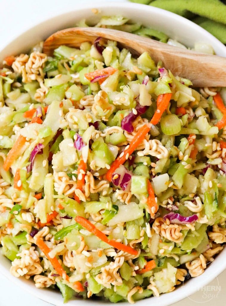 Ramen Broccoli Slaw made with toasted, packaged noodles, broccoli, carrots, green onion and a savory sweet dressing is a delicious side dish. Perfect for a weeknight meal, cookout, pot luck or covered dish supper.