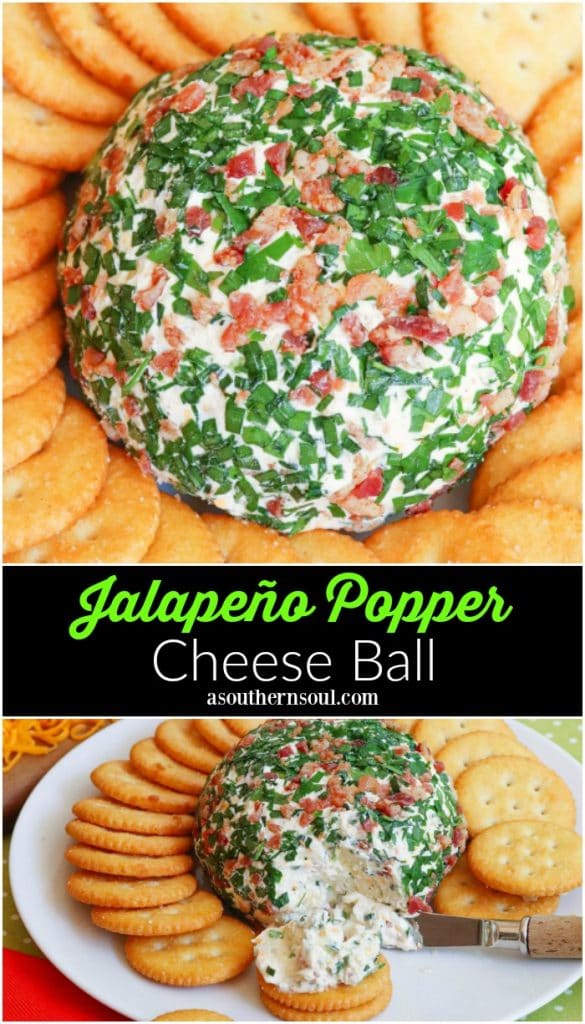 Jalapeno Popper Cheese Ball made with cream cheese, jalapenos, cheddar cheese, ranch seasoning, bacon and chives is an easy to make crowd please appetizer!