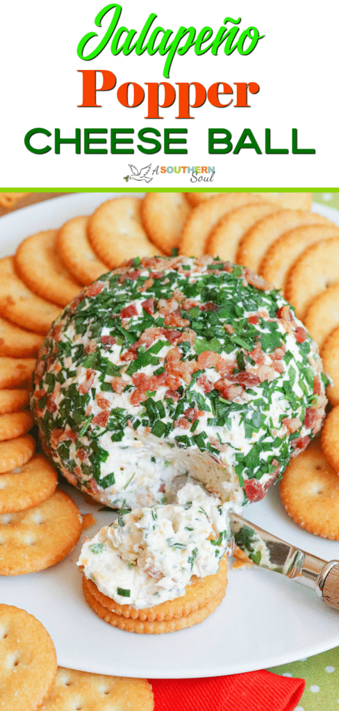 Jalapeno Popper Cheese Ball made with cream cheese, jalapenos, cheddar cheese, ranch seasoning, bacon and chives is an easy to make crowd please appetizer!
