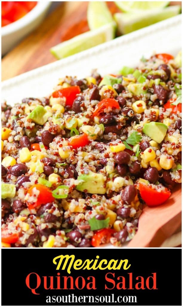 Mexican Quinoa Salad made with quinoa cooked in the instant pot then tossed with tomatoes, black beans, corn, avocado and green onions. A slightly spicy dressing turns the ingredients into a tasty side dish or salad.