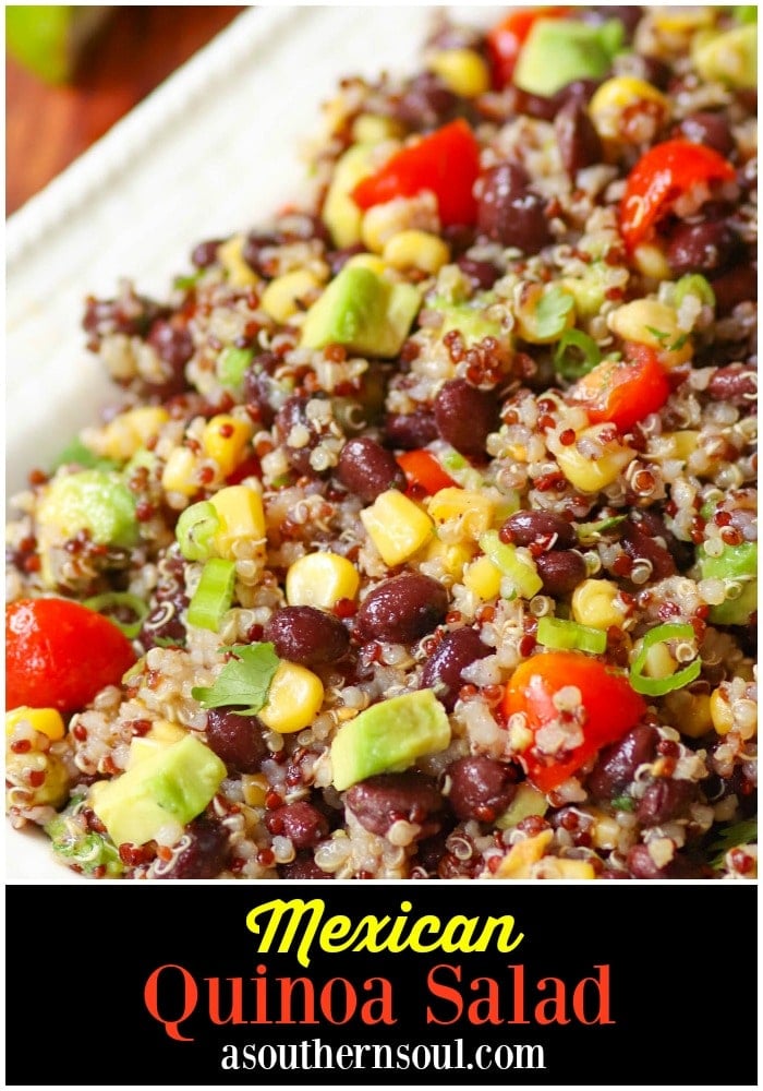 Mexican Quinoa Salad made with quinoa cooked in the instant pot then tossed with tomatoes, black beans, corn, avocado and green onions. A slightly spicy dressing turns the ingredients into a tasty side dish or salad.