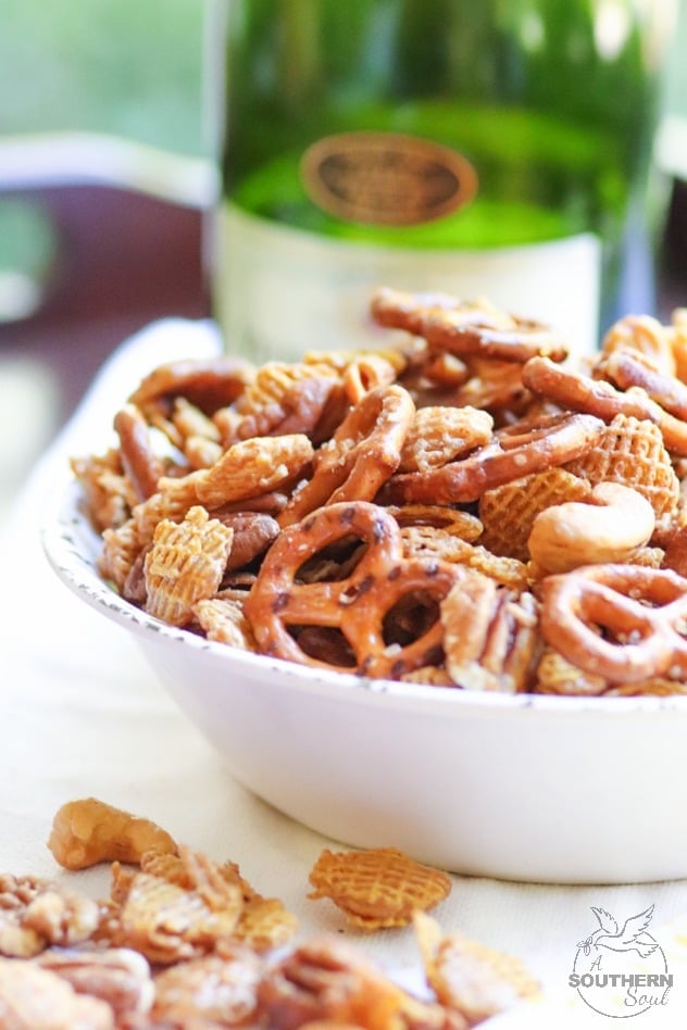 Sweet and Nutty Snack Mix made with brown sugar, butter and corn syrup, them baked until golden brown is a snack that's totally irresistible!