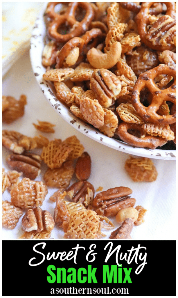 Sweet and Nutty Snack Mix made with brown sugar, butter and corn syrup, them baked until golden brown is a snack that's totally irresistible!