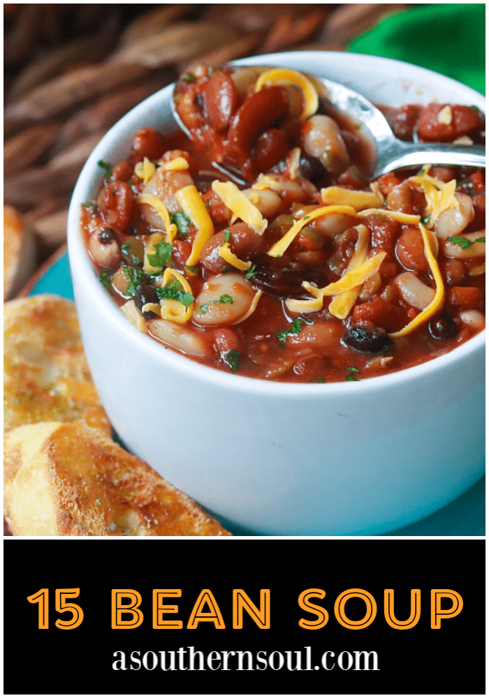 15 Bean Soup made with protein packed bean cooked in vegetable stock with crushed tomatoes, onions, garlic and seasonings is a bowl full of comfort!
