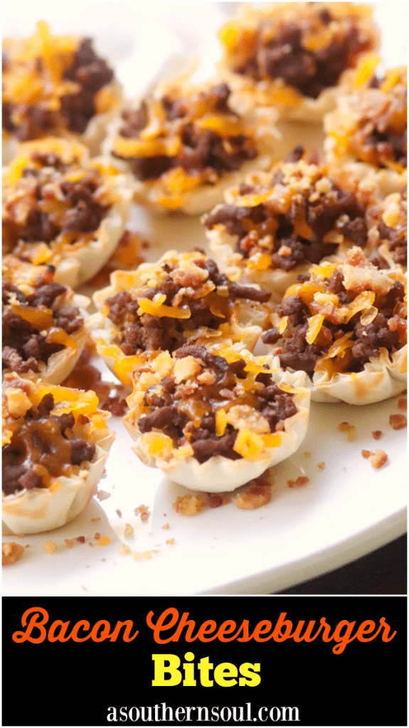 Bacon Cheeseburger Bites made with ground beef, bacon and cheese stuffed phyllo cups are great for parties, tailgating and the perfect bite size snack!