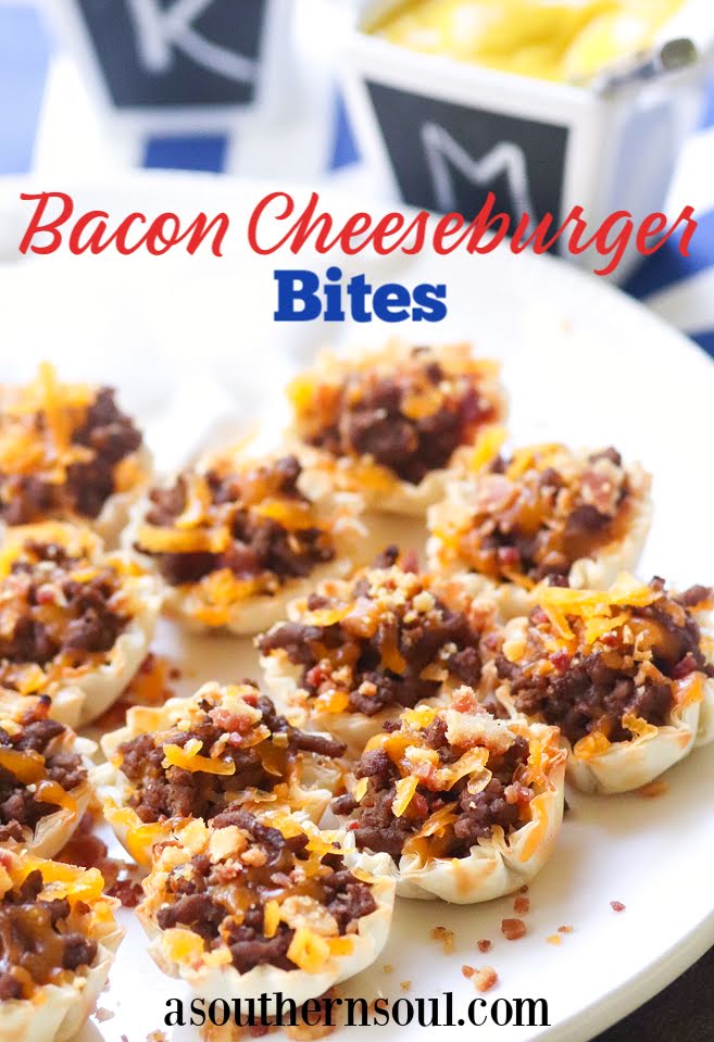 Bacon Cheeseburger Bites made with ground beef, bacon and cheese stuffed phyllo cups are great for parties, tailgating and the perfect bite size snack!