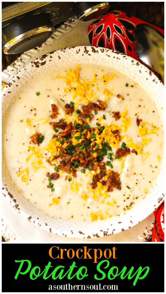 Rich, creamy potato soup made in the crockpot is warm and comforting! Top it with cheese, bacon and chives just like a loaded baked potato.