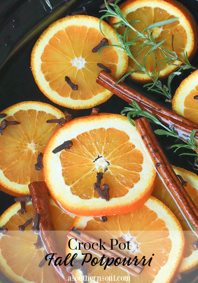 Fall Potpourri made in the crock pot with oranges, cinnamon, clove and rosemary fill your house with beautiful fresh scents.