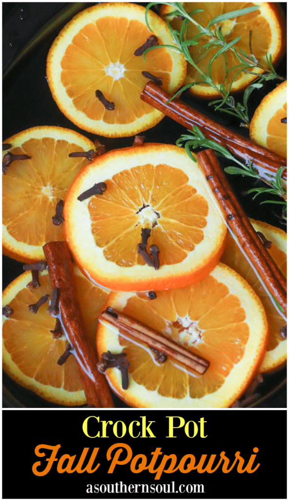 Fall Potpourri made in the crock pot with oranges, cinnamon, clove and rosemary fill your house with beautiful fresh scents.