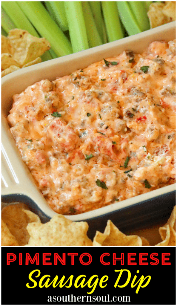 Warm dip made with crumbles sausage, cream cheese, pimento cheese along with green chilies and tomatoes is the perfect dip for parties, game day or tailgating!