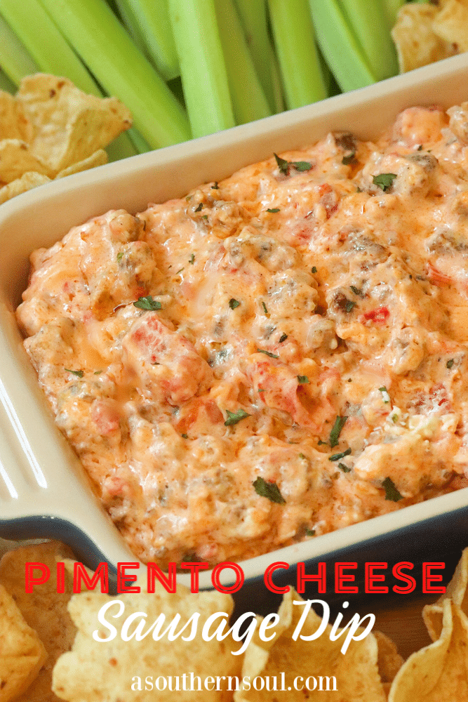 Warm dip made with crumbles sausage, cream cheese, pimento cheese along with green chilies and tomatoes is the perfect dip for parties, game day or tailgating!