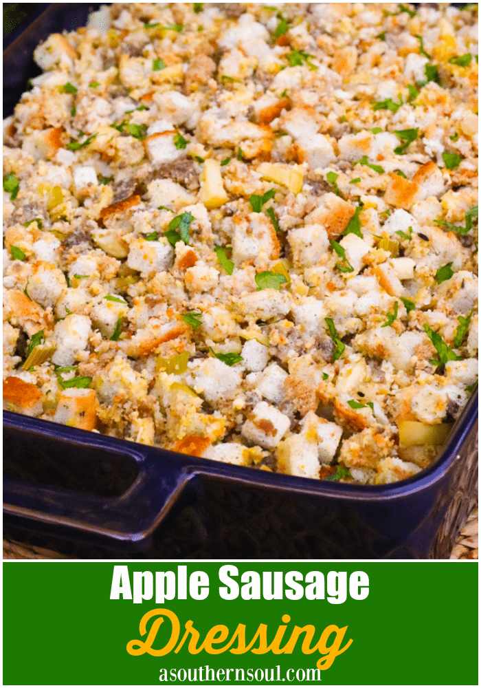 Apple Sausage Dressing is an easy to make recipe that's perfect for the holidays. Made with apples, sausage, herbs, spices and two kinds of bread, this side is great with turkey, pork and ideal served with gravy.