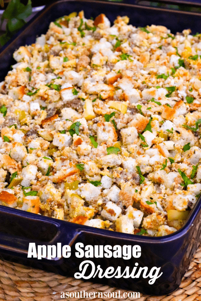 Apple Sausage Dressing is an easy to make recipe that's perfect for the holidays. Made with apples, sausage, herbs, spices and two kinds of bread, this side is great with turkey, pork and ideal served with gravy.