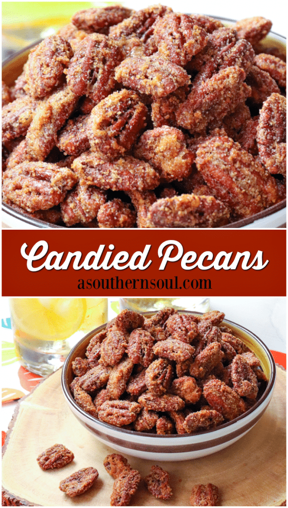 Candied Pecans made with brown sugar, cinnamon, egg whites with a touch of heat are an irresistible treat! As an appetizers, snack or on salads and sides dishes they are delicious. They also make a wonderful homemade gift.