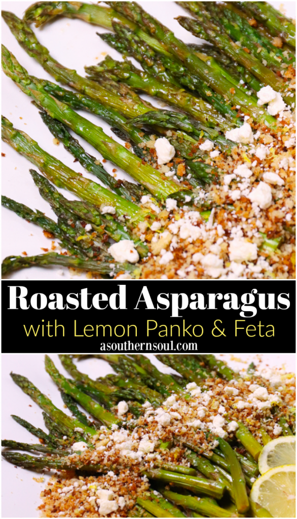 Roasted Asparagus topped with toasted Panko Breadcrumbs, Lemon and Feta cheese is a flavorful side dish that easy to make!